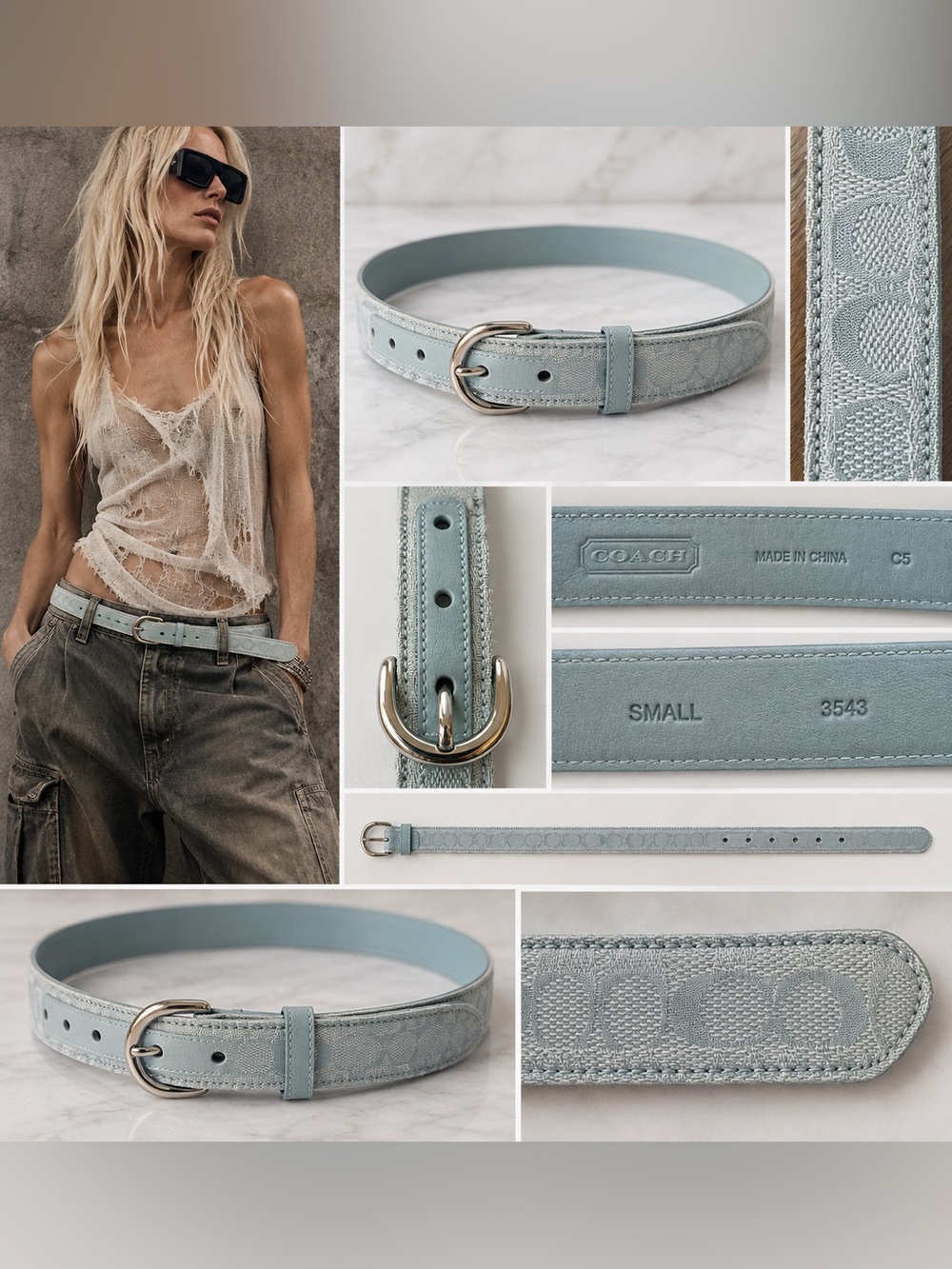 Coach Signature C Jacquard Leather Belt Light Blue Silver Buckle Small 3543